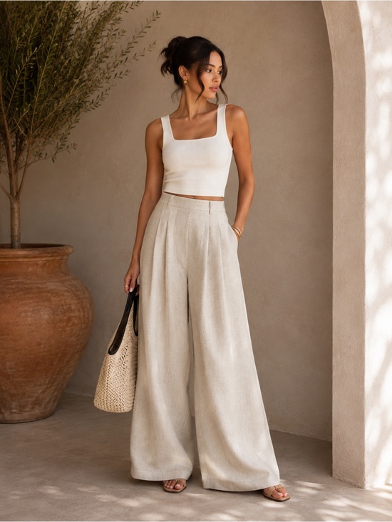 Commense Pants - Commense Khaki Linen Blend Wide Leg Pants XS | Quiet Luxury Trousers